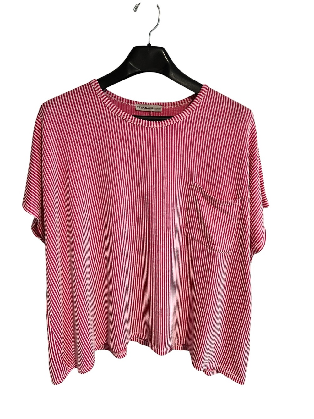 Zenana Relaxed Fit Striped Pocket Tee in Pink and White S/M also fits L/XL